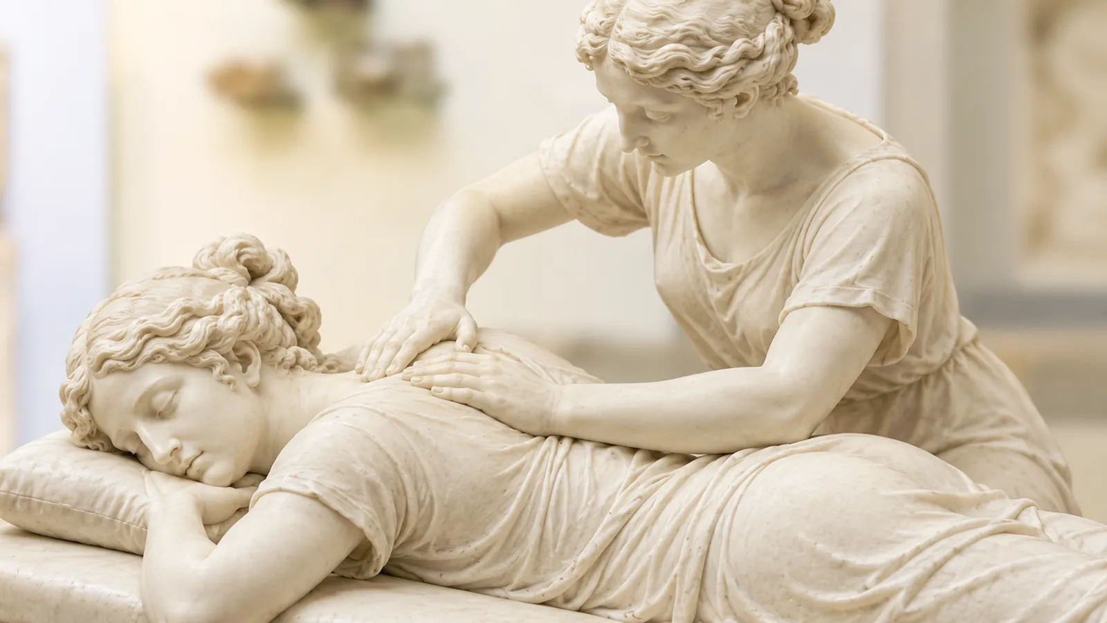A marble figure being lovingly touched