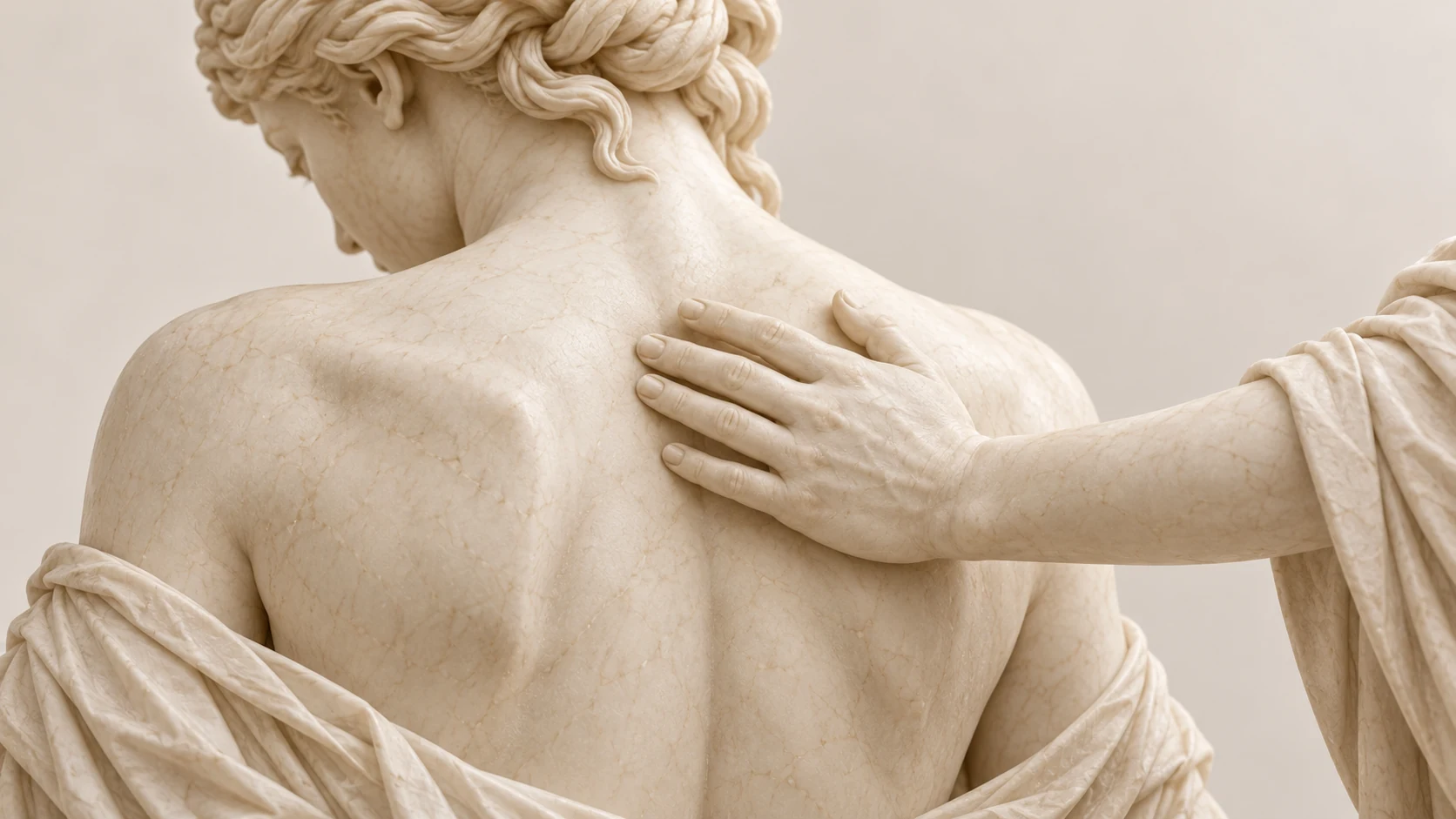 Een marmeren hand rust ondersteunend tussen de schouderbladen van een sculptuur