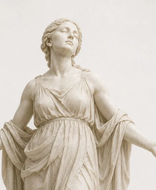 Detail van een vrouwelijke sculptuur in beweging